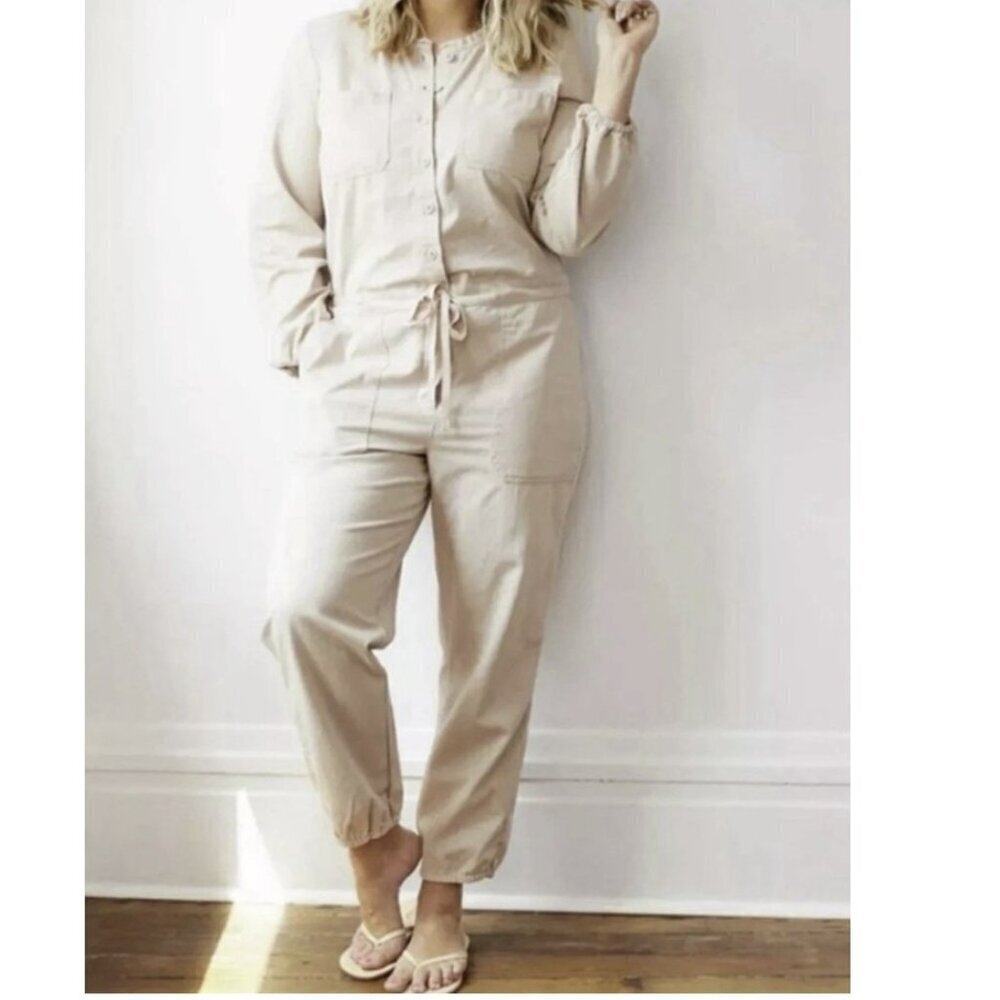 Aerie Softest Blush Denim Long Sleeve Tie Waist Relaxed Utility Jumpsuit